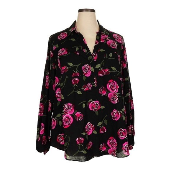 Torrid Harper Blouse Size 2X NWT Black Rose Print Challis Popover Long Sleeve - Picture 1 of 9